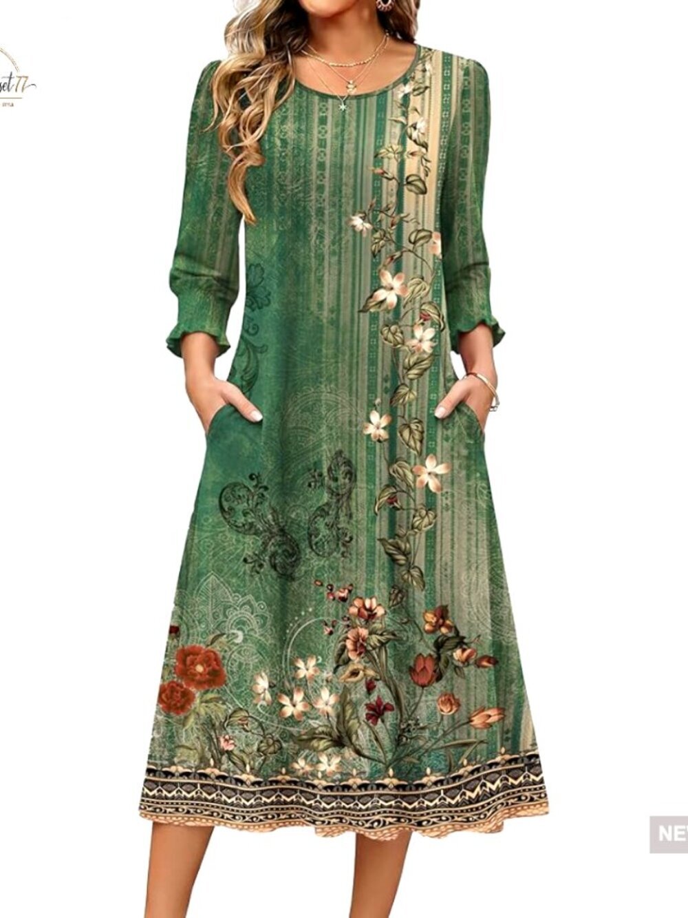 Floral Midi Dress with Pockets 3/4 Sleeve Casual Summer Dress